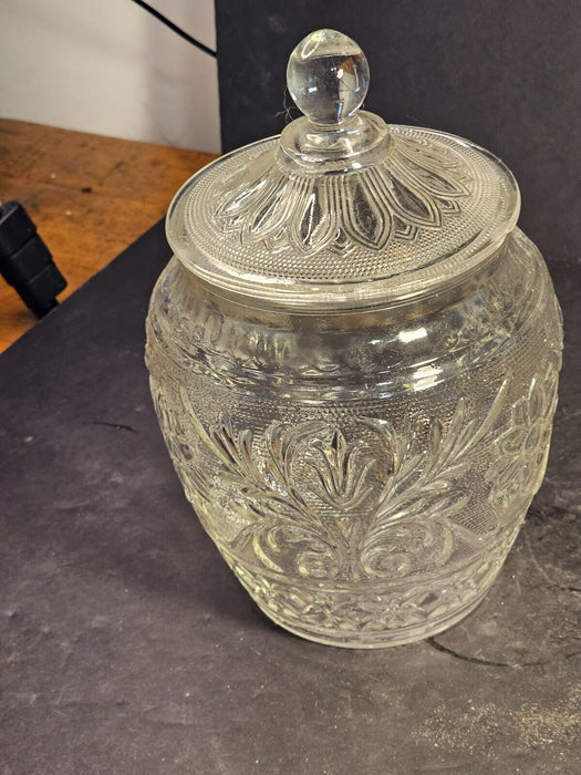 Pressed glass cookie jar/1920s/ perfect shape embossed floral pattern, Antiques, David's Antiques and Oddities