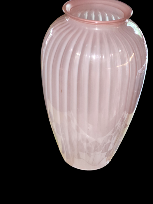 Pink glass 12.5 " x 7.5" bolus form ribbed design, 4.5 inches opening at the top, Antiques, David's Antiques and Oddities