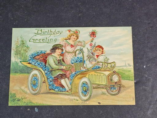 Early 1900s post cards excellent sha[pe birthday greetings auto industry colored, Antiques, David's Antiques and Oddities