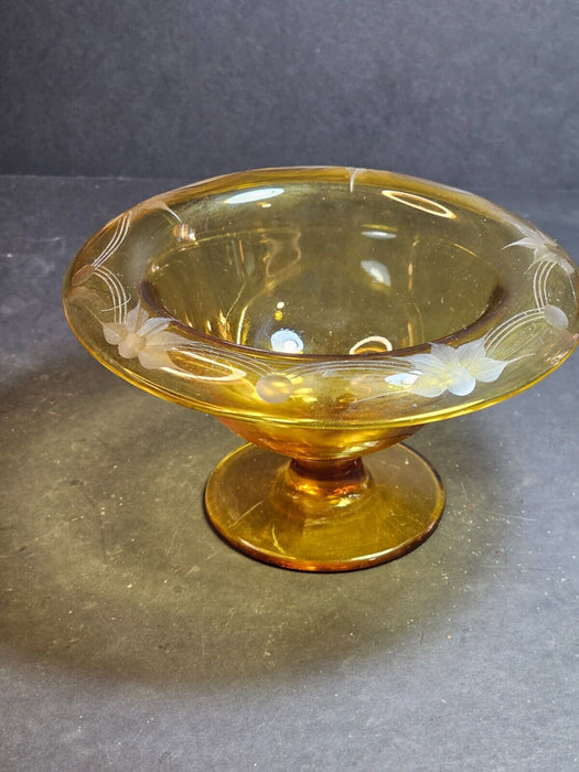 Amber etched compote 6.5 wx3.75 high, floral with line etching., Antiques, David's Antiques and Oddities