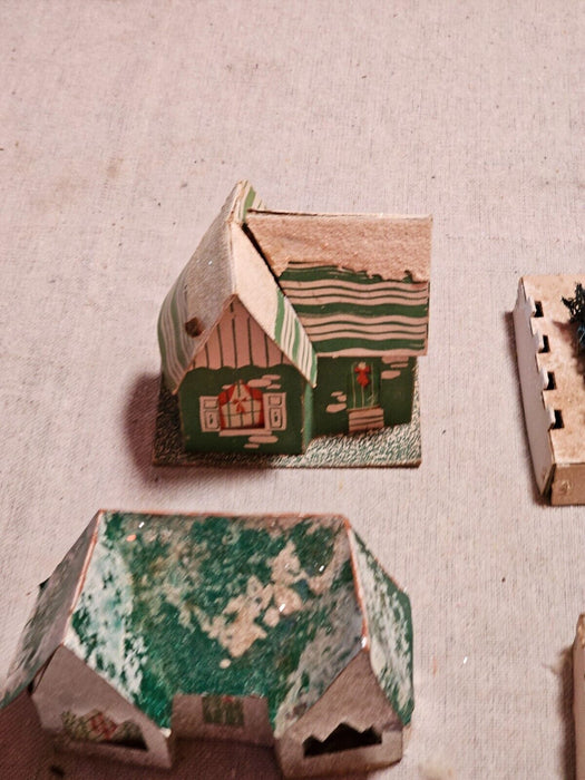 Wooden church/primitive 12 x17 /7 cardboard village houses/1930s as found, Antiques, David's Antiques and Oddities