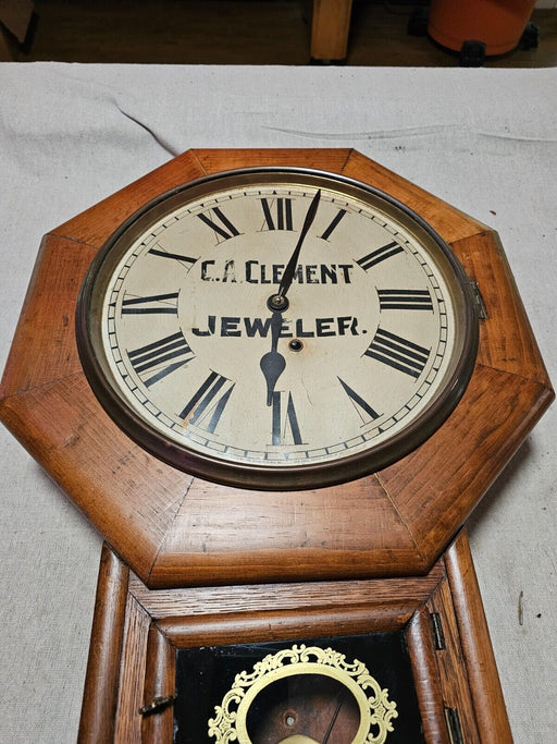 C.L Clement clock regulator /advertising/ Ansonia/ran but sat for 20 yrs.25x17, Antiques, David's Antiques and Oddities