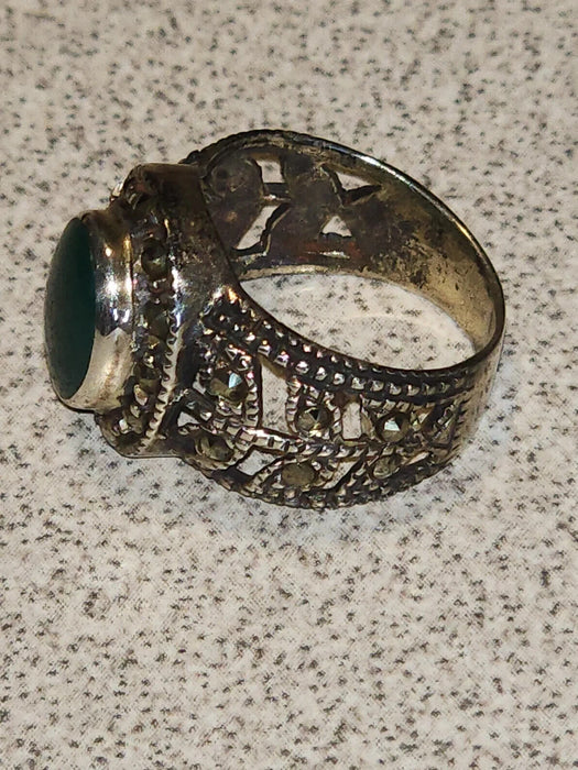 Green Onyx and Marcasite Sterling Silver Ring - German Import, Size 4.75 (1980)