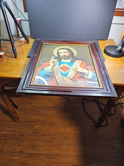 Jesus Chromo lithograph 21 x25 with frame vibrant colors early 1900s, Antiques, David's Antiques and Oddities