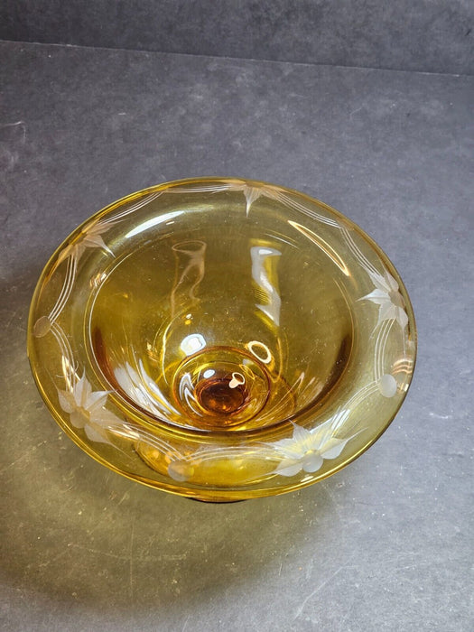 Amber etched compote 6.5 wx3.75 high, floral with line etching., Antiques, David's Antiques and Oddities