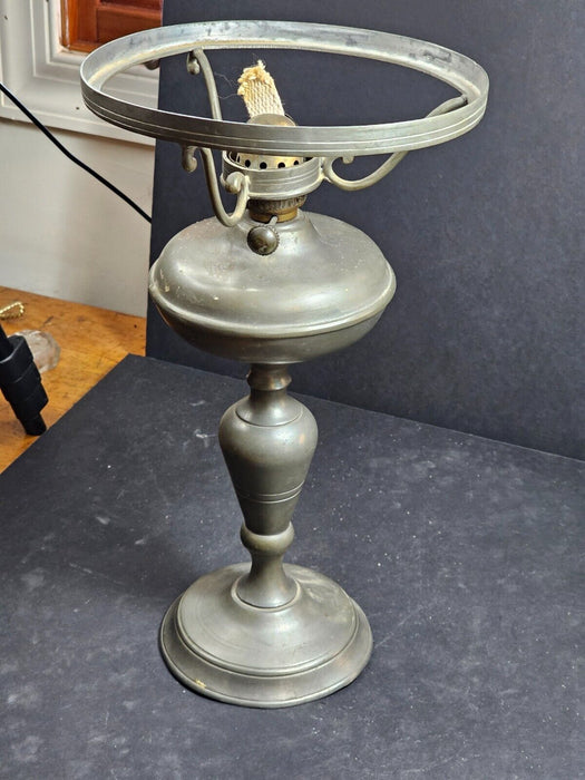 Pewter Oil lamp 1930s 14 " to rim of shade shade 7 " diameter. (no shade), Antiques, David's Antiques and Oddities