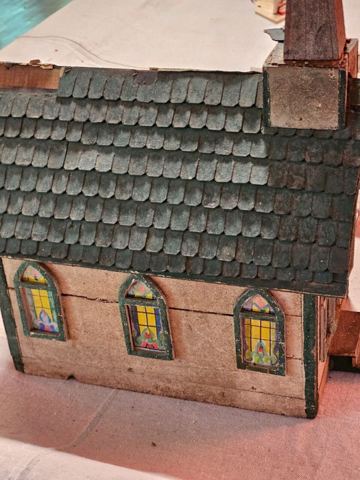 Wooden church/primitive 12 x17 /7 cardboard village houses/1930s as found, Antiques, David's Antiques and Oddities