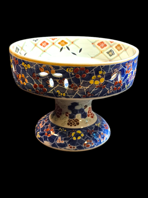 Title: Asian Import Ceramic Compote, 6" High and 7.5" Diameter, Highly Decorated, Antiques, David's Antiques and Oddities