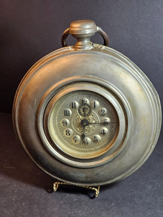 Clock pewter Pocket watch style alarm clock Runs and stops Early 1900s Unique, Antiques, David's Antiques and Oddities