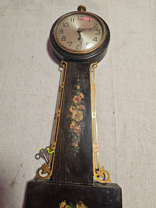 8 Day  key wind sold banjo floral decorated 1930s runs/ HAS key / cool item 28 ", Antiques, David's Antiques and Oddities