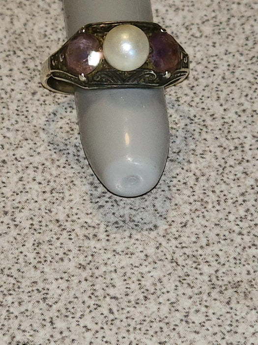 Vintage Marcasite, Cultured Pearl, and Amethyst Sterling Silver Ring, Size 6.25, Antiques, David's Antiques and Oddities
