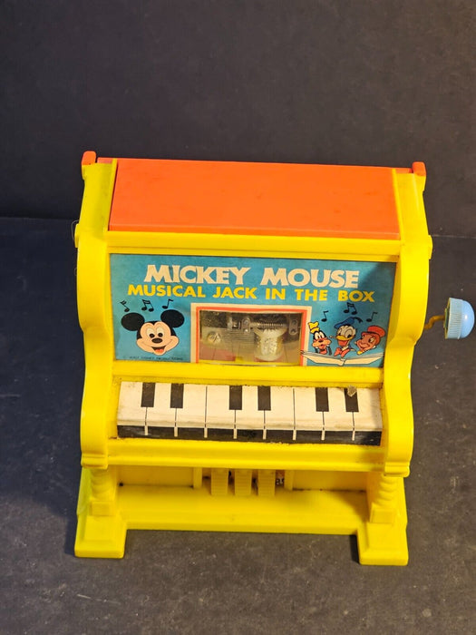 Mickey Mouse jack in the box/ Kohner 1973/ plays nick Kack paddy wak/  7x7, Antiques, David's Antiques and Oddities