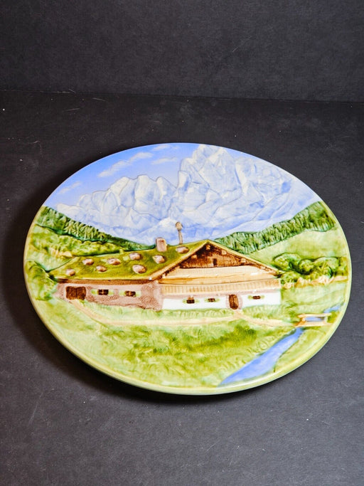 Title: Snow-Covered Mountains and Mountain Cottage Majolica Plate 9 inch, Antiques, David's Antiques and Oddities