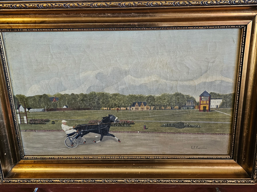Oil on canvas 25 x17.5  L.P. Pedersen Horse trotting at the fair. Earth tones, Antiques, David's Antiques and Oddities