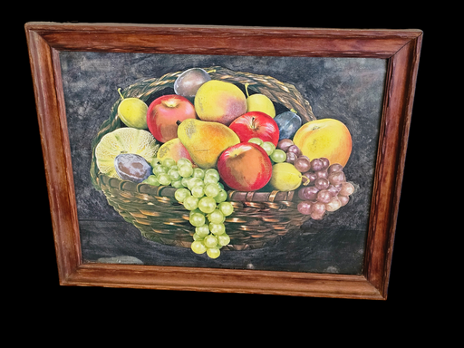 Canvas framed fruit 16 x21 Fruit Basket image. wood frame with glass, Antiques, David's Antiques and Oddities