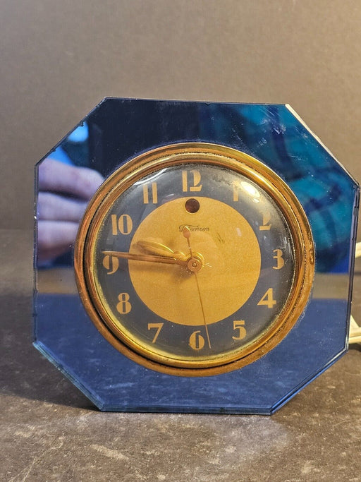 VINTAGE BLUE MIRROR DECO TELECHRON ELECTRIC CLOCK, APPROXIMATELY 5 IN X 5 IN, Antiques, David's Antiques and Oddities