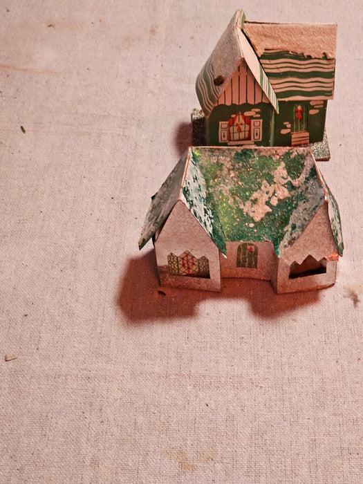 Wooden church/primitive 12 x17 /7 cardboard village houses/1930s as found, Antiques, David's Antiques and Oddities