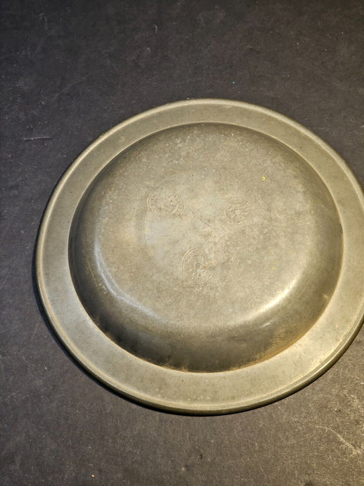 Pewter Charger 9.5 " deep well/ hallmarked on bottom ( see pics) Great look.