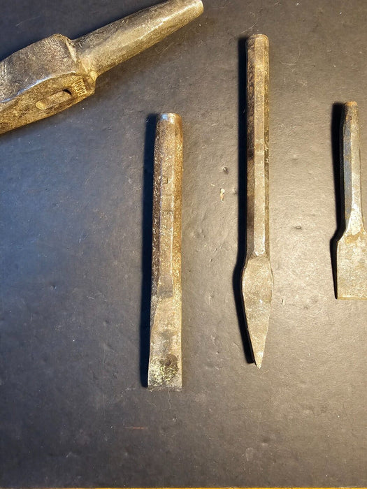 3 cold chisels /one curved and a very unusual hammer with company mark 1940s, Antiques, David's Antiques and Oddities