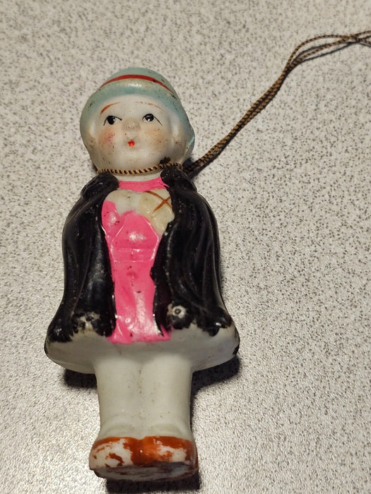 bisque 1920s style girl black cape with pink dress christmas ornament, Antiques, David's Antiques and Oddities