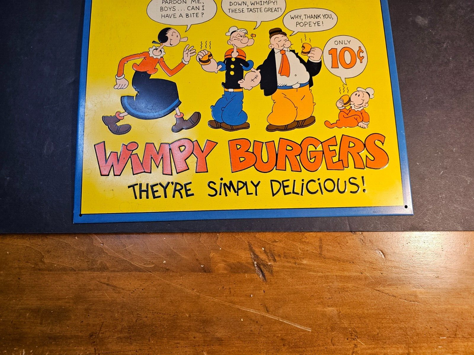 Wimpy Burgers tin sign from the 1980s 12x14 cool imagery, Antiques, David's Antiques and Oddities