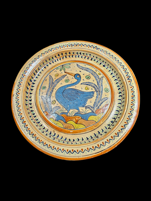 Terracotta type plate colorful bird and foliage 13' diameter has holes to hang, Antiques, David's Antiques and Oddities