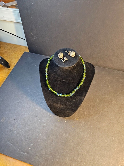 Green crystal neckless with earrings filigree screw backs  as pictured 1960s