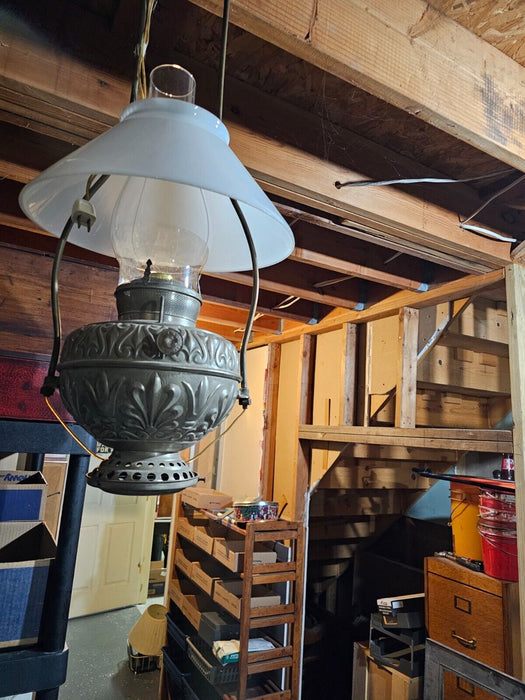 Beautiful country store light. 24" from  base to top of chimneys Brass/milkglass, Antiques, David's Antiques and Oddities