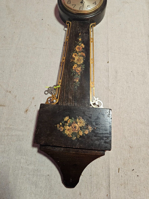 8 Day  key wind sold banjo floral decorated 1930s runs/ HAS key / cool item 28 ", Antiques, David's Antiques and Oddities