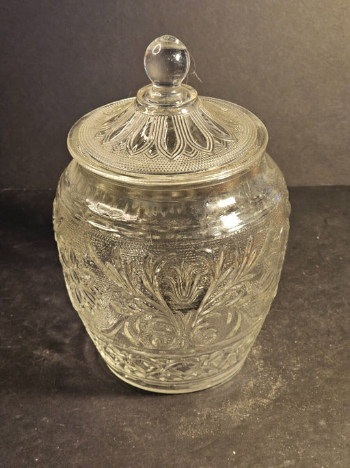 Pressed glass cookie jar/1920s/ perfect shape embossed floral pattern, Antiques, David's Antiques and Oddities