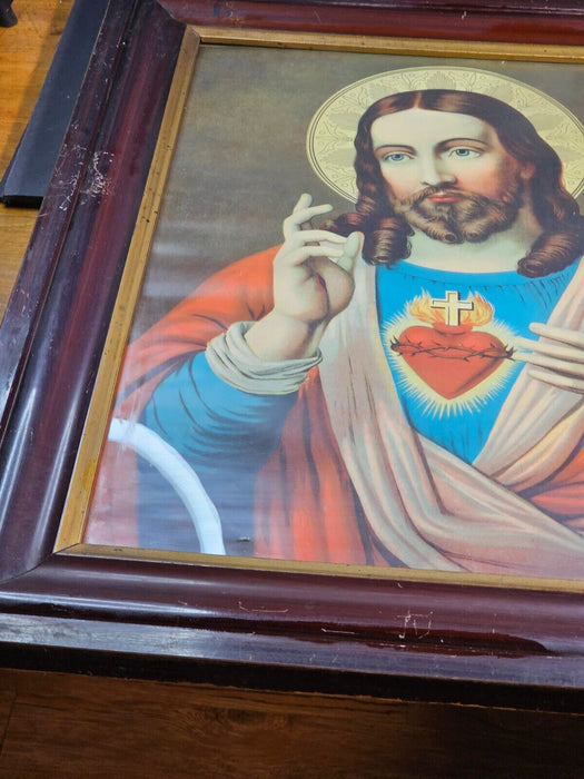 Jesus Chromo lithograph 21 x25 with frame vibrant colors early 1900s, Antiques, David's Antiques and Oddities