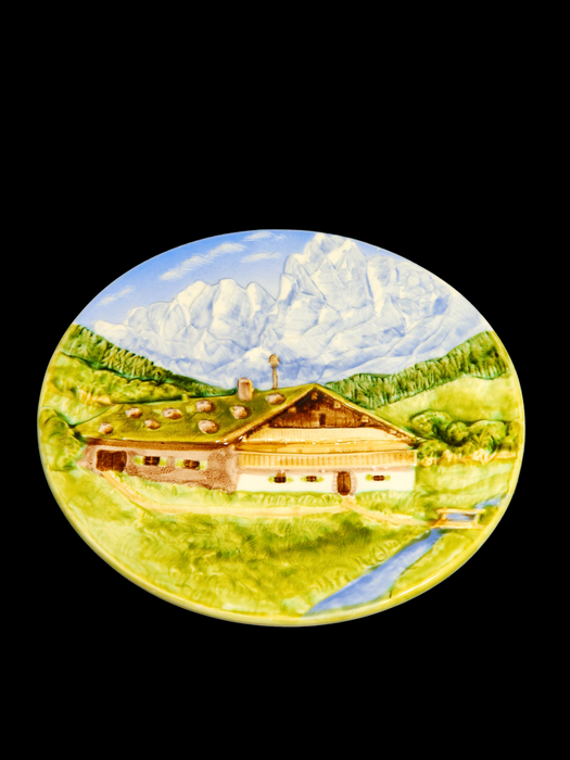 Title: Snow-Covered Mountains and Mountain Cottage Majolica Plate 9 inch