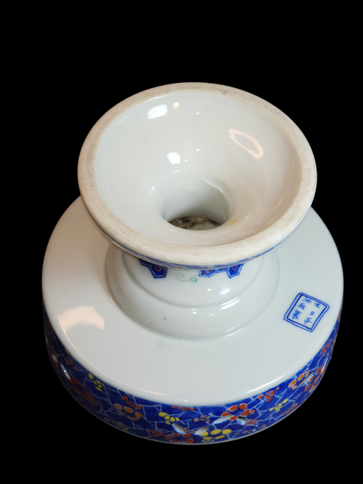 Title: Asian Import Ceramic Compote, 6" High and 7.5" Diameter, Highly Decorated with Blue, Orange, and Yellow Colors and Floral Pattern