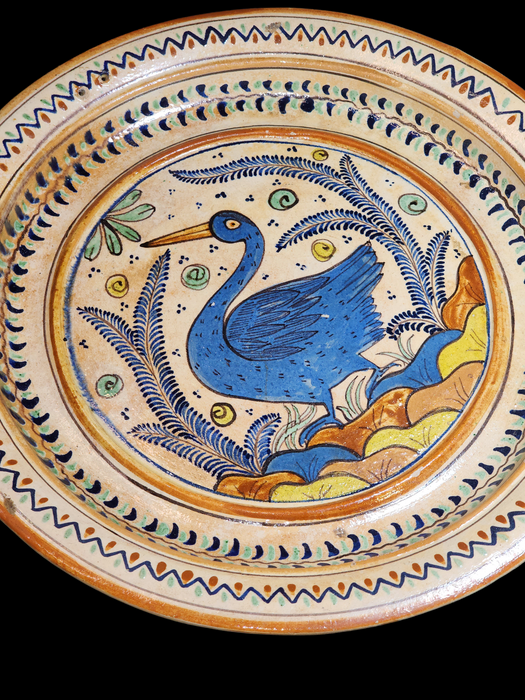 Colorful Bird Floral Plate Terracotta Type Pottery 13" diameter
