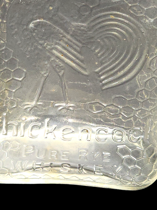 Chickencock Pure Rye Wiskey Bottle 8 " Chicken embossed Image with Chicken Wire Embossed Bottle Pocket Flask