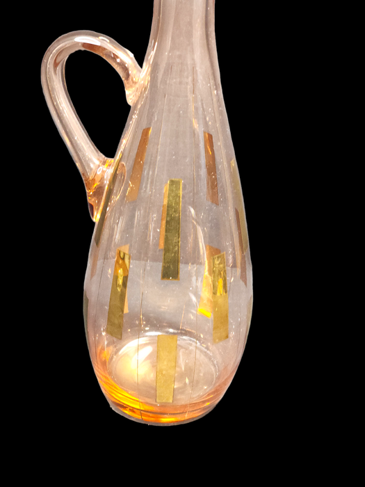 Mid Century Modern 15' Blown Decanter with Polished Pontil and 6 / 6 inch Goblets Pinkish Brown Tones Atomic Age Design.