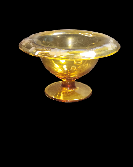 Amber etched compote 6.5 wx3.75 high, floral with line etching., David's Antiques and Oddities
