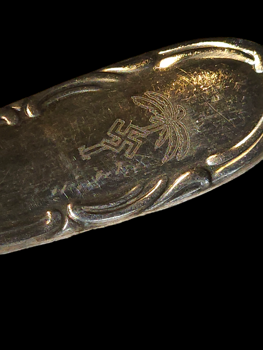 Africa Core 6 spoons palm tree and swastika marked Bavaria silver plate original faux grained box, David's Antiques and Oddities