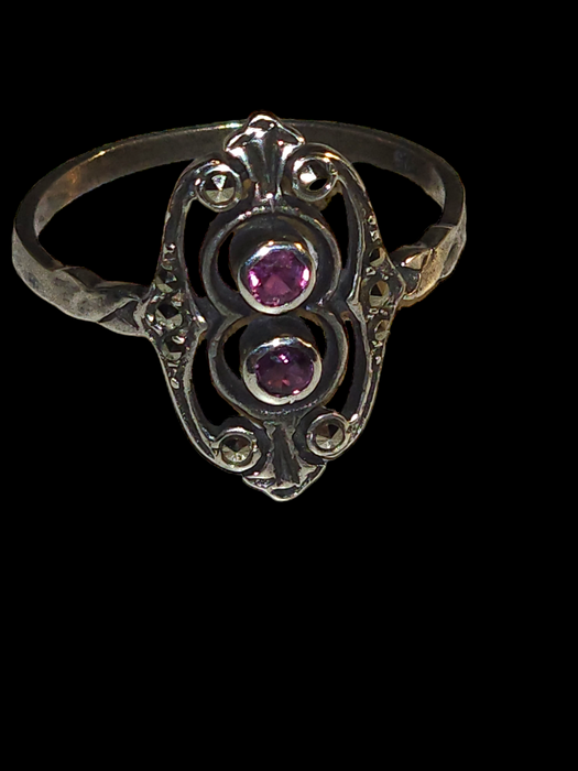 Timeless Double Amethyst and Marcasite Sterling Ring - German Import, Size 7 (1980), David's Antiques and Oddities