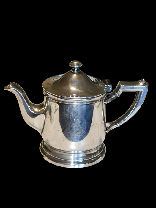 Title: Hotel Blackhawk Davenport Iowa Silver Plate Tea Pot - Indian Motif, 5" High x 7" Wide, 20 oz, David's Antiques and Oddities