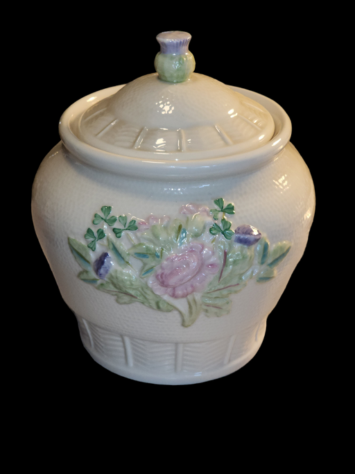 Title: Belleek Brown Label Apothecary Jar - 7" High, 6" Wide with Delicate Pink Flowers and Clovers Design, David's Antiques and Oddities