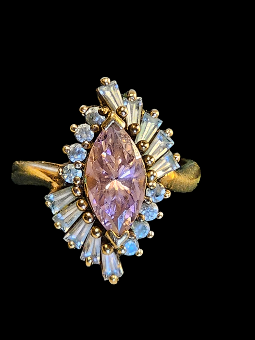 Title: 1940s/50s Estate Amethyst and Diamond Ring in Gold-Washed Sterling Silver Size 7.25