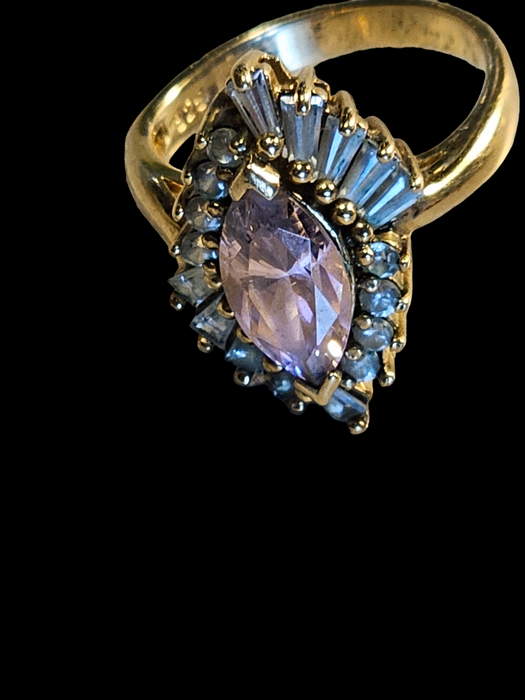 Title: 1940s/50s Estate Amethyst and Diamond Ring in Gold-Washed Sterling Silver Size 7.25