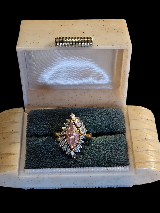 Title: 1940s/50s Estate Amethyst and Diamond Ring in Gold-Washed Sterling Silver Size 7.25