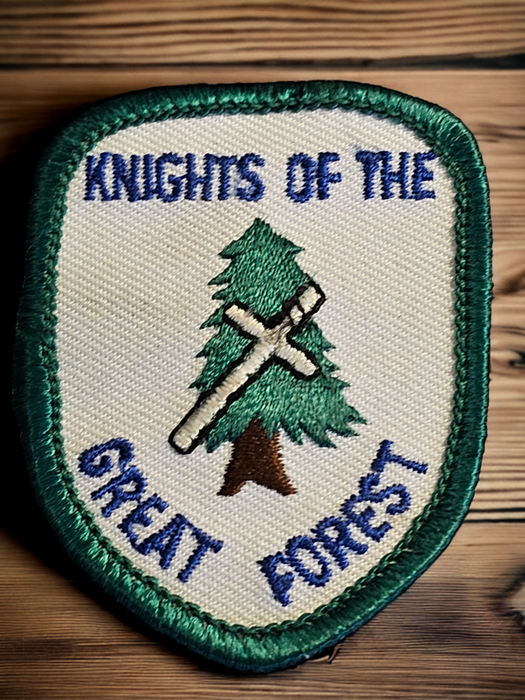 Title: Knights of the Ku Klux Klan "Knights of the great forest" Rare Merit Patch. with cert. card. Knight 2.25" x 1.75" Green,white and blue with cross and tree., David's Antiques and Oddities