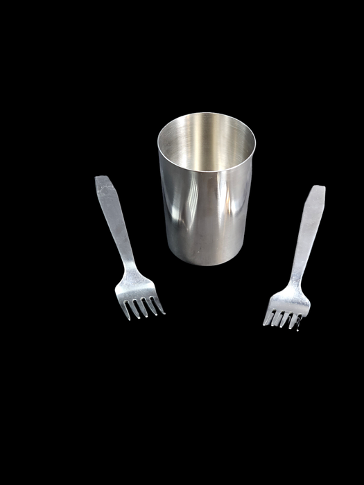 Iraqi Field Mess Kit, 2 Forks and cup, stainless. Cup 4" high forks 7" long, David's Antiques and Oddities