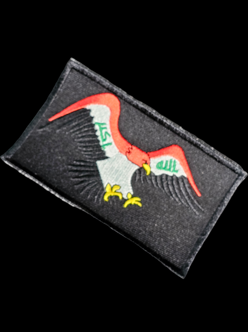 iraqi Eagle patch 2.5 x4" Unused red on black coloration, David's Antiques and Oddities