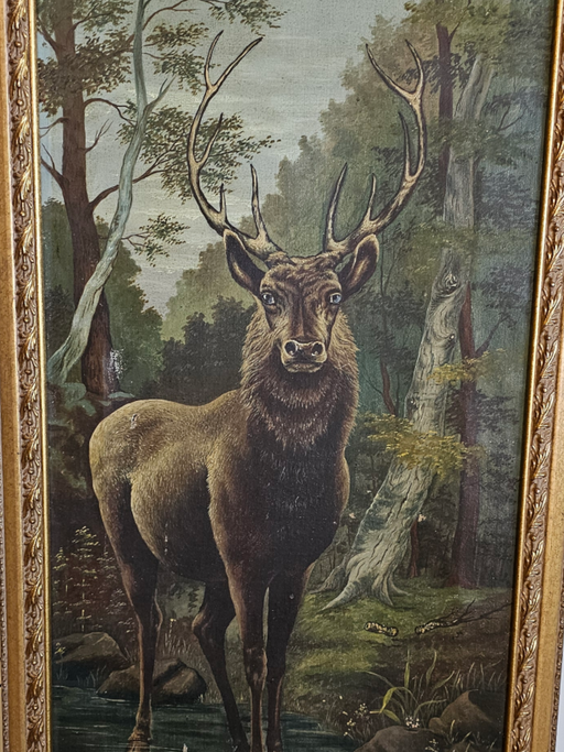 Painting on canvas 1920s Deer as found use pics 17 x31 w/ frame Excellent image, David's Antiques and Oddities