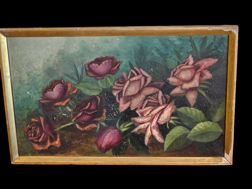 Victorian Floral Canvas 21.5x13.5 w/frame Boston Mass.Greens pink and mauve, Artwork, David's Antiques and Oddities