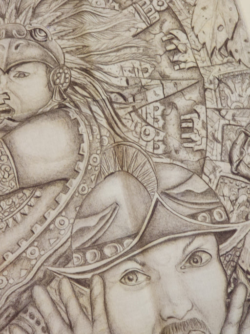 Pen and ink on linen 15.5 x 14.5 prison Art Aztec theme